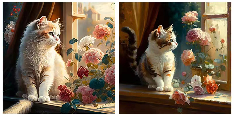 cat-1125 *สินค้าหมด* ชุดปักครอสติช ลายเซต 2 ชิ้น แมวน้อยริมหน้าต่าง (ปักเต็มผืนผ้า ไม่มีเดินเส้น ผ้า11CTพิมพ์ลาย ปัก 3 เส้นเล็ก) ขนาดภาพละ 50*50 ซม.ผ้าครอสติช 11CTพิมพ์ลายปักบนผ้า ไหมคอตตอน 95 สี ผังลาย เข็ม