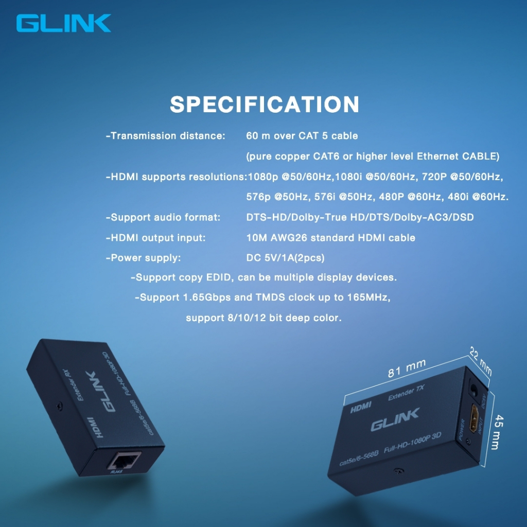 GLINK GL-032 / GL032 HDMI EXTENDER EXTHERNET RJ45 60M Cat5e/Cat6e อุปกรณ์เพิ่มความยาวสาย HDMI ส่งรับ ขยาย สัญญาณ BY BILLIONAIRE SECURETECH GL-032