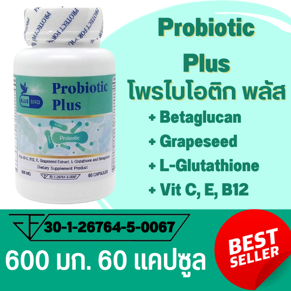โพรไบโอติก พลัส แล็กโทบาซิลลัส คาเซอิ Probiotic Plus Lactobacillus casei ตรา บลูเบิร์ด 600 มิลลิกรัม 60 แคปซูล
