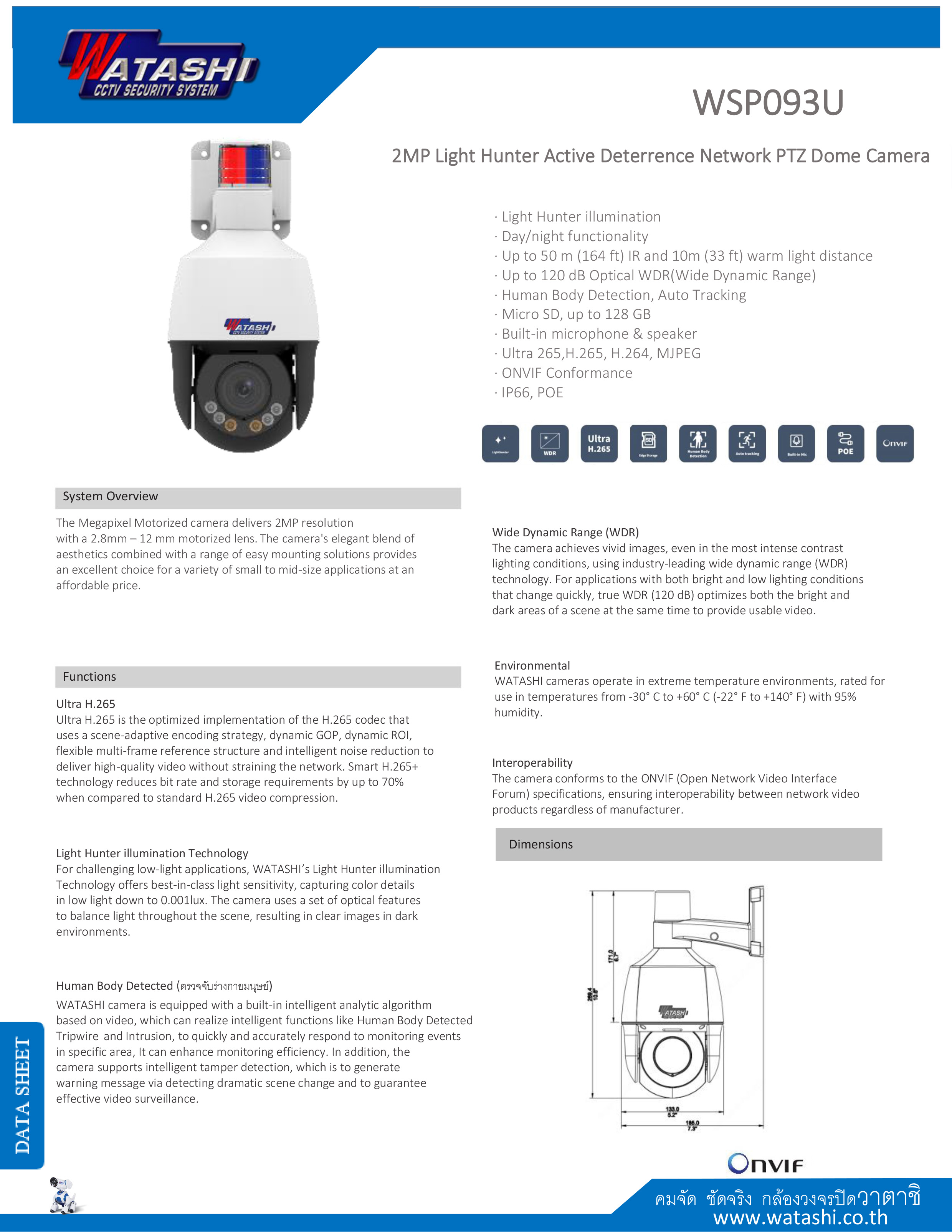 WATASHI WSP093U-AI (2.8-12 mm.) กล้องวงจรปิดระบบ IP 2 ล้านพิกเซล PTZ เลนส์ซูมได้ มีไมค์และลำโพงในตัว Siren ( OEM UNIVIEW IP6312LFW-AX4C-VG ) BY BILLIONAIRE SECURETECH WSP093U-AI