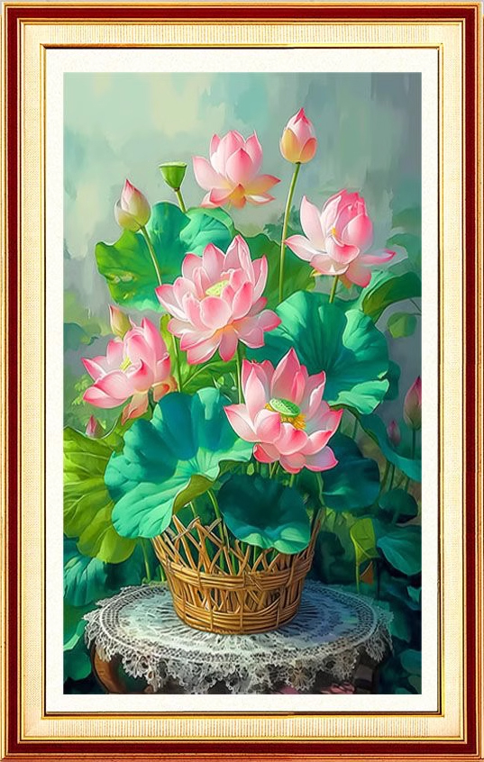 bua-1023 *สินค้าหมด* ชุดปักครอสติช ลายช่อดอกบัว (ปักเต็มผืนผ้า ไม่มีเดินเส้น ผ้า11CT พิมพ์ลาย ปัก 3 เส้นเล็ก) ขนาด 50*70 ซม.ผ้าครอสติช 11CT พิมพ์ลายปักบนผ้า+ไหมคอตตอน 26 สี+ผังลาย+เข็ม