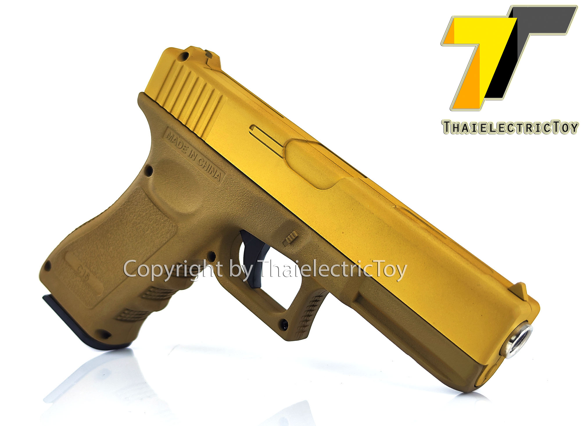 ปืนอัดลมเหล็ก Glock 17 สีทูโทน ชักยิงทีล่ะนัด ลำกล้องยาว 7 นิ้ว หนัก 668 กรัม ใช้ลูกกระสุนพลาสติก 6 มิล