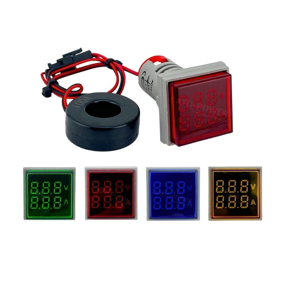 SUNMOON แลมป์ ดิจิตอล โวลต์-แอมป์ มิเตอร์ (หน้าเหลี่ยม) LED 50-500Vac / 0-100A ขนาด 22mm. รุ่น PL-DVAM-22S