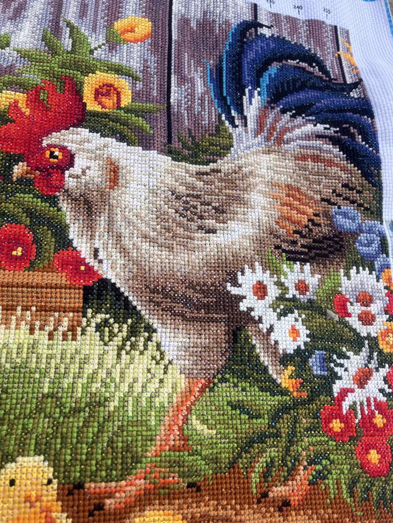 kai-1025 *สินค้าหมด* ชุดปักครอสติช ลายครอบครัวไก่ (ปักเต็มผืนผ้า ไม่มีเดินเส้น ผ้า9CTพิมพ์ลาย มีประกาย ปัก 4 เส้นเล็ก) ขนาด 85*60 ซม.ผ้าครอสติช 9CTพิมพ์ลายปักบนผ้า ไหมคอตตอน 42 สี ผังลาย เข็ม