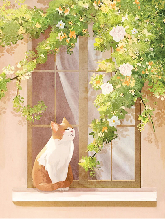 cat-1110 *สินค้าหมด* ชุดปักครอสติช ลายแมวน้อยริมหน้าต่าง (ปักเต็มผืนผ้า ไม่มีเดินเส้น ผ้า11CTพิมพ์ลาย ปัก 3 เส้นเล็ก) ขนาด 50*62 ซม.ผ้าครอสติช 11CTพิมพ์ลายปักบนผ้า ไหมคอตตอน 37 สี ผังลาย เข็ม
