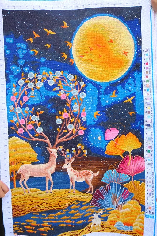 deer-1015 *สินค้าหมด* ชุดปักครอสติช ลายกวางคู่ใต้เงาจันทร์ (ปักเต็มผืนผ้า ไม่มีเดินเส้น ผ้า11CTพิมพ์ลาย ปัก 3 เส้นเล็ก) ขนาด 62*98 ซม.ผ้าครอสติช 11CTพิมพ์ลายปักบนผ้า ไหมคอตตอน 36 สี ผังลาย เข็ม