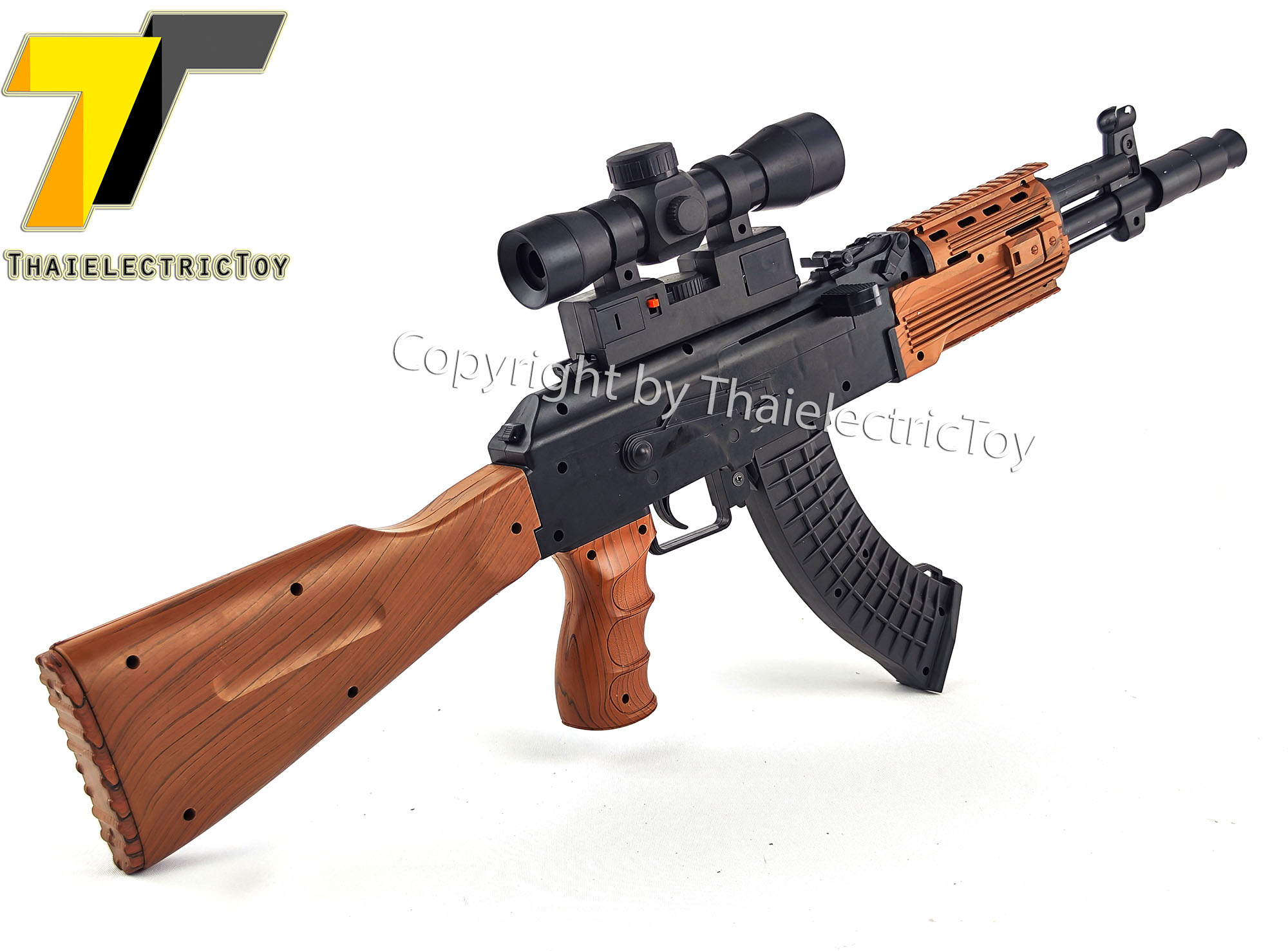 ปืนอัดลมพลาสติก AK47 ชักยิงทีล่ะนัด หนัก 546 กรัม ยาว 72 ซม. มีเลเซอร์ ใช้ลูกกระสุนพลาสติก 6 มิล