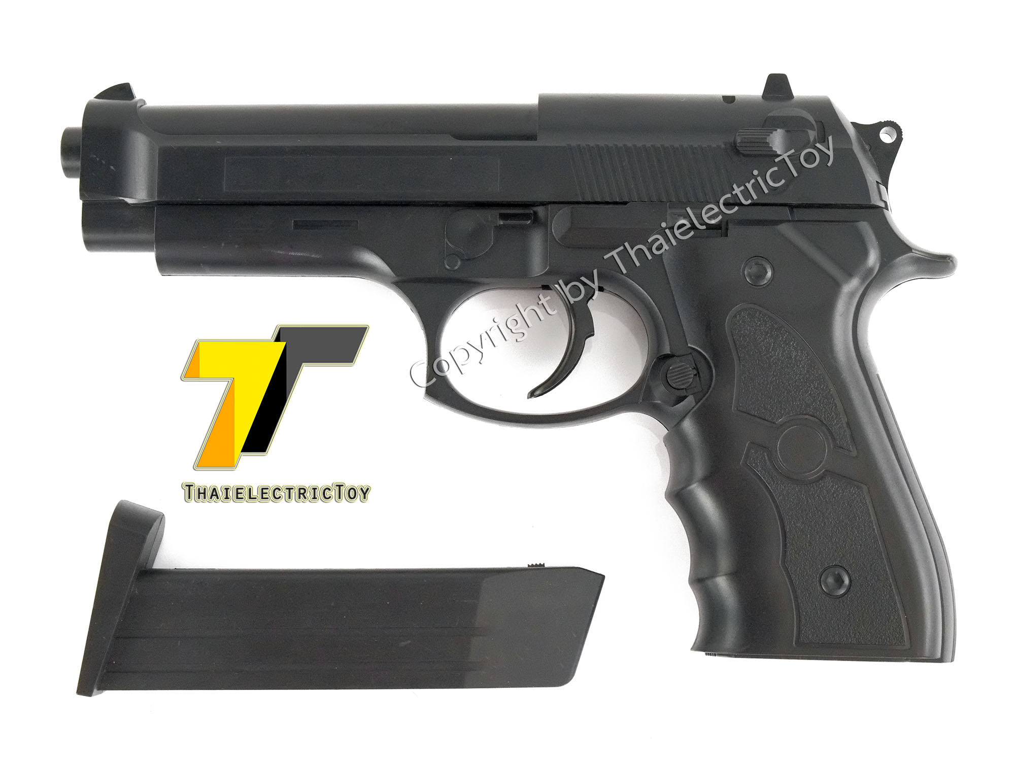 ปืนอัดลมพลาสติก Beretta ชักยิงทีล่ะนัด ลำกล้องยาว 7.5 นิ้ว หนัก 279 กรัม ใช้ลูกกระสุนพลาสติก 6 มิล