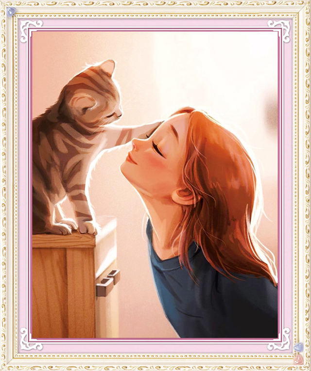 cat-1108 *สินค้าหมด* ชุดปักครอสติช ลายสาวน้อยกับน้องแมว (ปักเต็มผืน ไม่มีเดินเส้น ปักครั้งละ 3 เส้นเล็ก) ขนาด 50*60 ซม.ผ้าครอสติช 11CTพิมพ์ลายปักบนผ้า ไหมคอตตอน 25 สี ผังลาย เข็ม