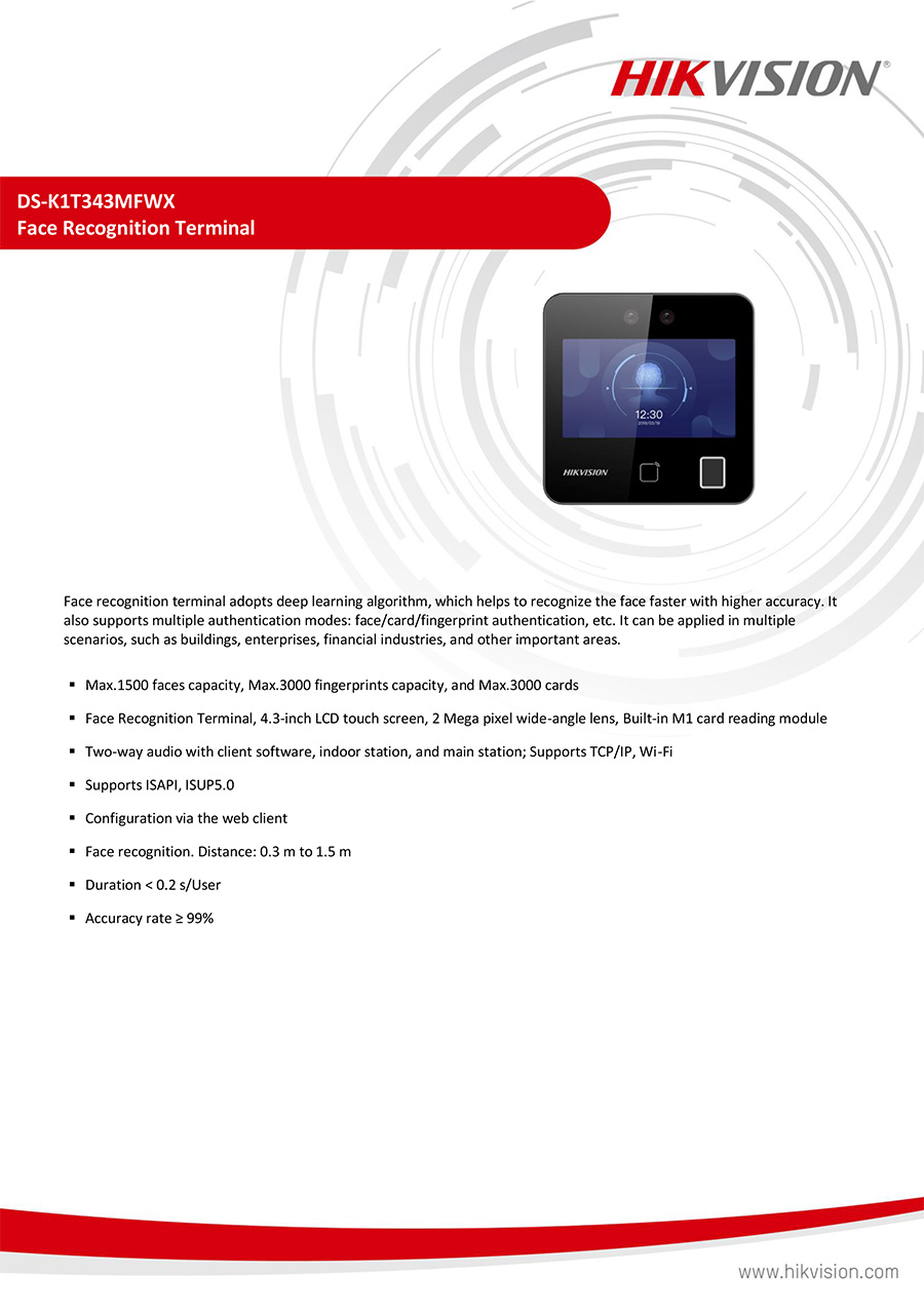 HIKVISION DS-K1T343MFWX Face Access Terminal เครื่องสแกนใบหน้า รองรับ 1,500 ใบหน้า / 3,000 นิ้วมือ / 3,000 บัตร ควบคุมประตูเปิด-ปิด BY BILLIONAIRE SECURETECH DS-K1T343MFWX