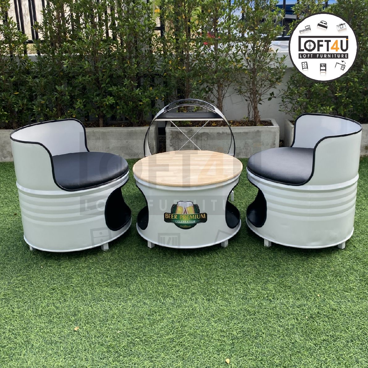 Cafe Table Set + drink shelf : wooden cushion / 2 seats