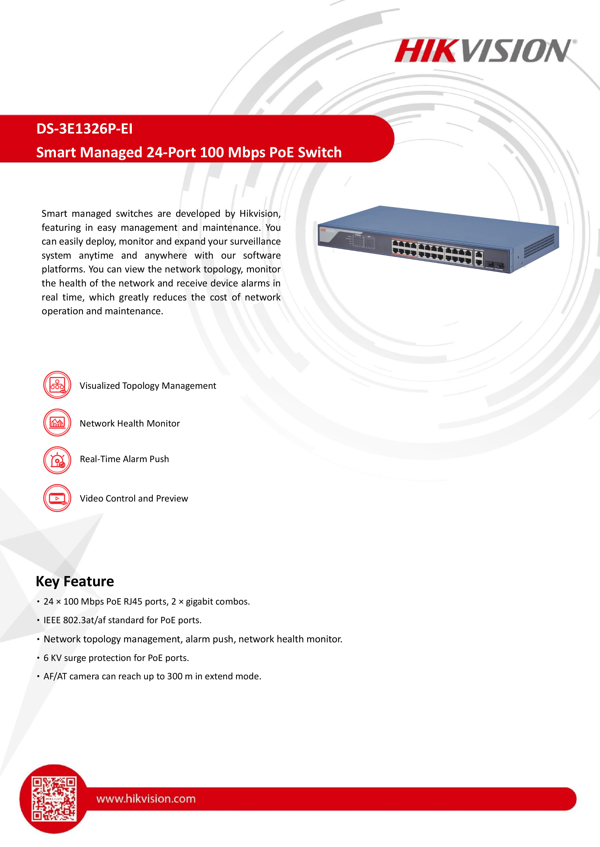 HIKVISION DS-3E1326P-EI 24-PORT FAST + 2-PORT GIGABIT Ethernet Smart POE Switch BY BILLIONAIRE SECURETECH DS-3E1326P-EI