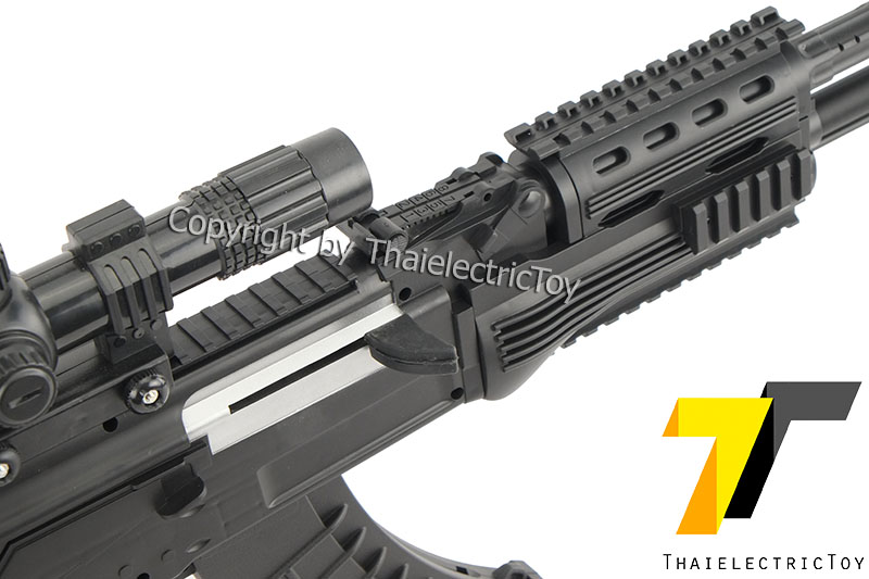 ปืนอัดลมพลาสติก AK12 ชักยิงทีล่ะนัด หนัก 1.2 Kg. ยาว 87 ซม. มีเลเซอร์ ใช้ลูกกระสุนพลาสติก 6 มิล
