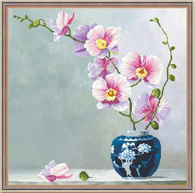 orchid-2004 *สินค้าหมด* ชุดภาพติดคริสตัลกลม ลายกล้วยไม้ในแจกัน (งานติดเต็มภาพ) ขนาด 40*40 ซม.ผ้าแคนวาสลงผังลายเต็ม คริสตัลกลม 27 สี อุปกรณ์ครบชุด