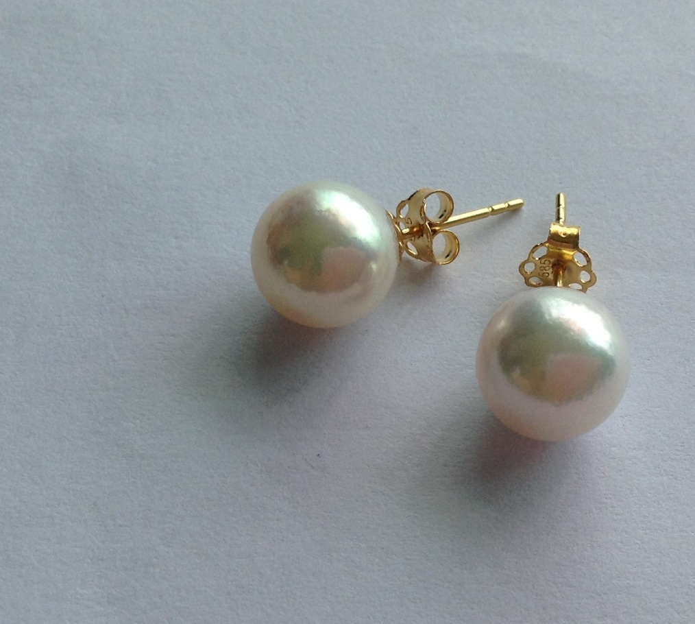 ต่างหูไข่มุกอะโกย่าญี่ปุ่นแท้ 9-9.5 มิล กลม ก้านทอง 14k AAA