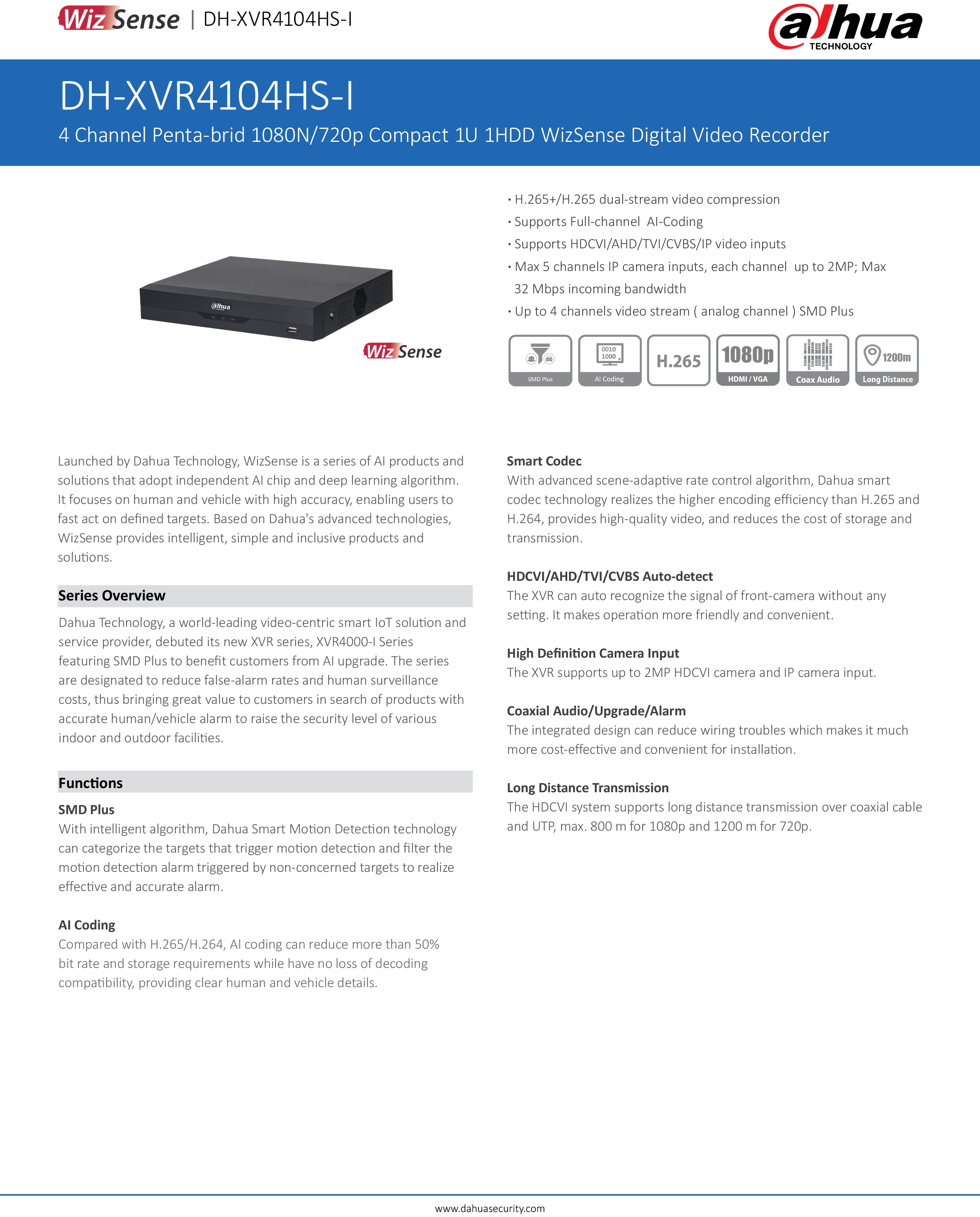 DAHUA XVR4104HS-I (4CH) เครื่องบันทึก XVR 4ช่อง รองรับกล้อง DAHUA มีไมค์ ***หากใช้กับกล้องรุ่นอื่นที่ไม่ใช่ DAHUA จะไม่บันทึกเสียง*** BY BILLIONAIRE SECURETECH XVR4104HS-I