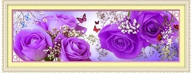 rose-1051 *สินค้าหมด* ชุดปักครอสติช ลายช่อกุหลาบม่วง (ปักเต็มผืนผ้า ไม่มีเดินเส้น ผ้า 11CTพิมพ์ลาย ปัก 3 เส้นเล็ก) ขนาด 128*45 ซม.ผ้าครอสติช 11CTพิมพ์ลายปักเต็มลายผ้า ไหมคอตตอน 38 สี ผังลาย เข็ม