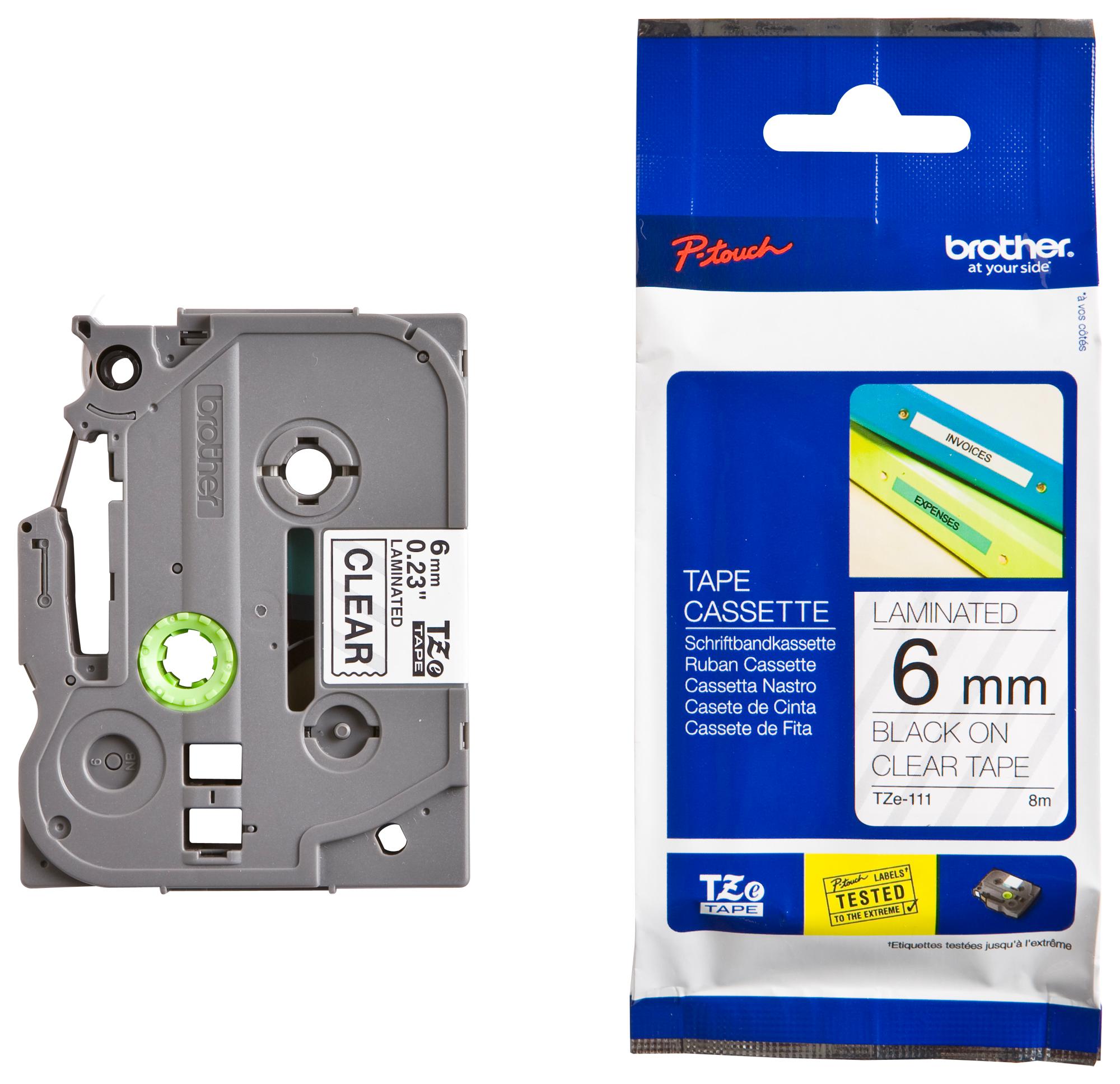 เทปพิมพ์อักษร BROTHER 6 mm. - อักษรดำพื้นใส TZE-111