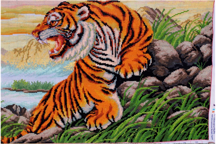tiger-1012 *พร้อมส่ง* ชุดปักครอสติช ลายเสือมงคล (ปักเต็มผืนผ้า ปักครั้งละ 3 เส้นเล็ก) ขนาด 88*48 ซม.ผ้าครอสติช 11CTพิมพ์ลายปักเต็มลายผ้า ไหมคอตตอน 49 สี ผังลาย เข็ม
