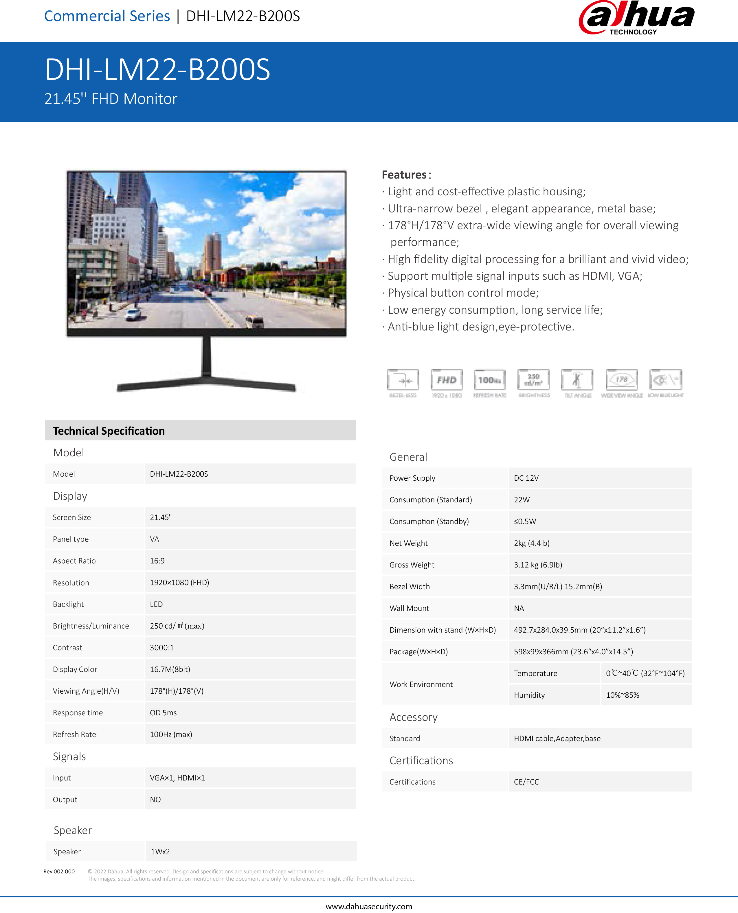 DAHUA LM22-B200S 21.45'' FHD Monitor 100Hz Refresh Rate : VGA×1, HDMI×1 Built-In Speaker BY BILLIONAIRE SECURETECH LM22-B200S