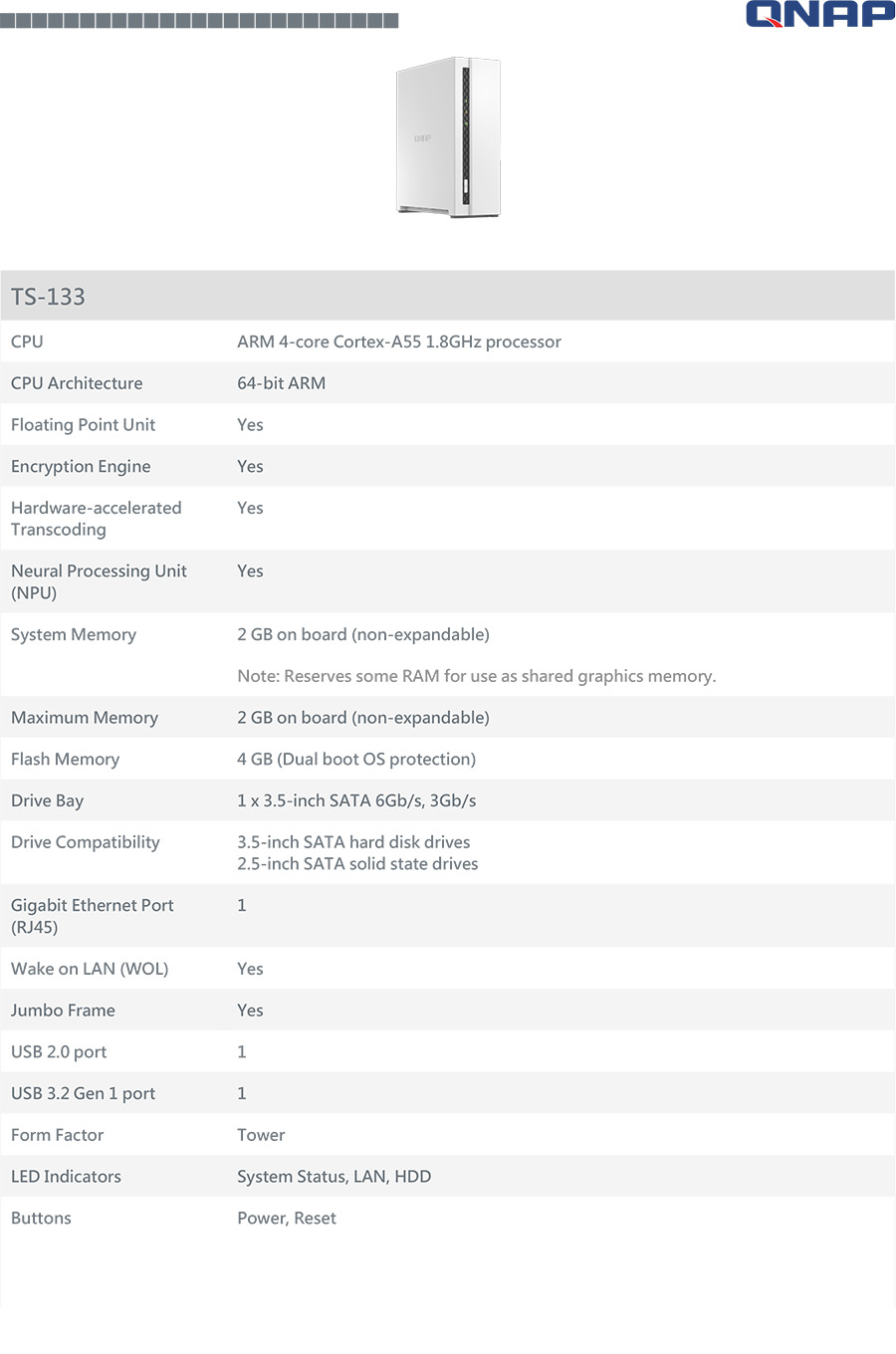 QNAP TS-133 NAS 1-BAY อุปกรณ์จัดเก็บข้อมูลบนเครือข่าย ARM 4-CORE CORTEX-A55 BY BILLIONAIRE SECURETECH TS-133