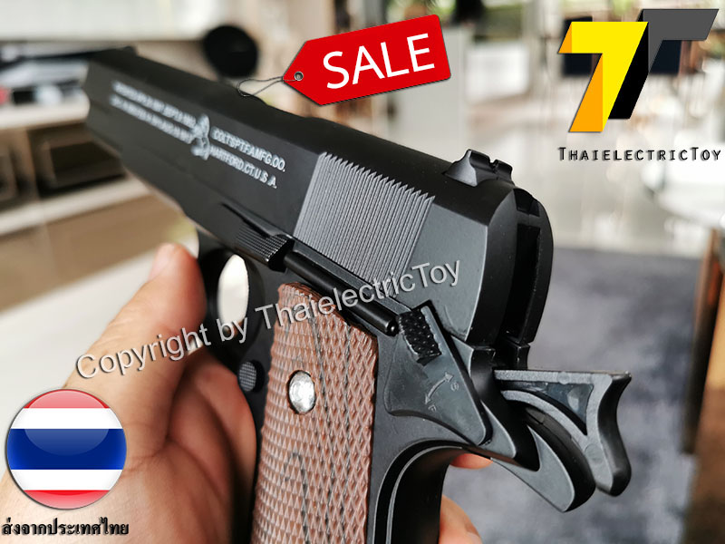 ปืนอัดลมเหล็ก ชักยิงทีล่ะนัด Colt 1911 สีดำ ลำกล้องยาว 7.5 นิ้ว นกสับได้ เซพตี้สไลน์ แมคเหล็ก หนัก 588 กรัม ใช้ลูกกระสุนพลาสติก 6 มิล