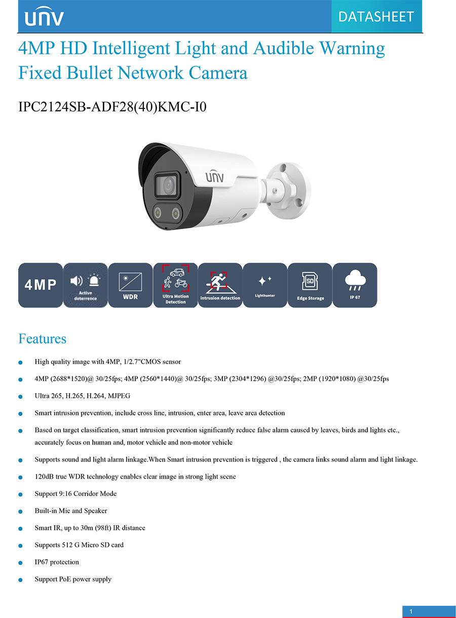 UNIVIEW IPC2124SB-ADF28(40)KMC-I0 กล้องวงจรปิด IP CAMERA 4MP Tri-Guard Fixed Dual-light BY BILLIONAIRE SECURETECH IPC2124SB-ADF28(40)KMC-I0