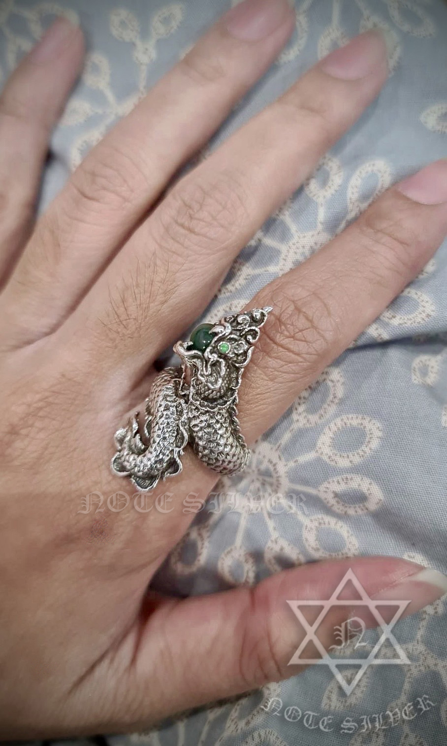 แหวนเงินแท้พญานาคคาบหยกพม่าแท้ ตำนานพญานาคคาบแก้ว Sterling Silver 925 NSRG2691