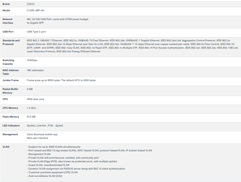 CISCO C1300-48P-4G : Manage Gigabit PoE Switch 48 ports 10/100/1000 + 4x 1GE SFP BY BILLIONAIRE SECURETECH CISCO C1300-48P-4G