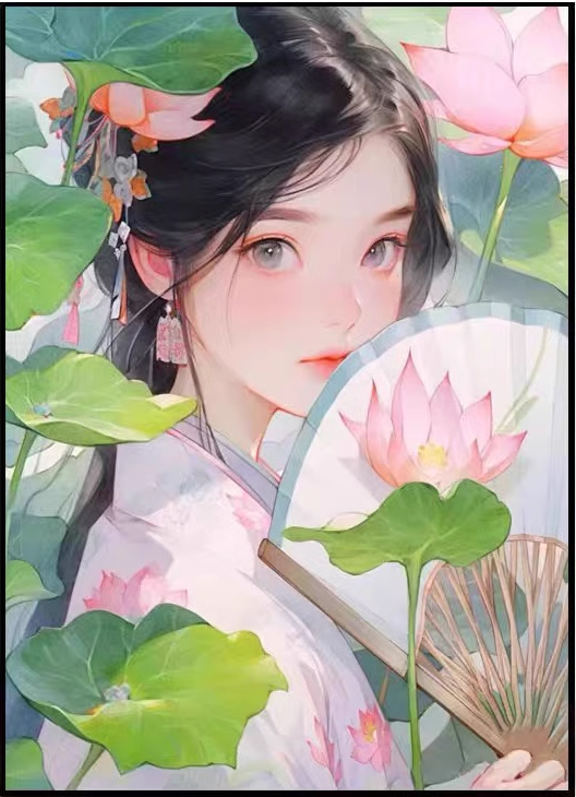 lady-1055 *สินค้าหมด* ชุดปักครอสติช ลายสาวงามดอกบัว (ปักเต็มผืนผ้า ไม่มีเดินเส้น ผ้า9CTพิมพ์ลาย มีประกาย ปัก 4 เส้นเล็ก) ขนาด 60*80 ซม.ผ้าครอสติช 9CTพิมพ์ลายปักบนผ้า ไหมคอตตอน 42 สี ผังลาย เข็ม