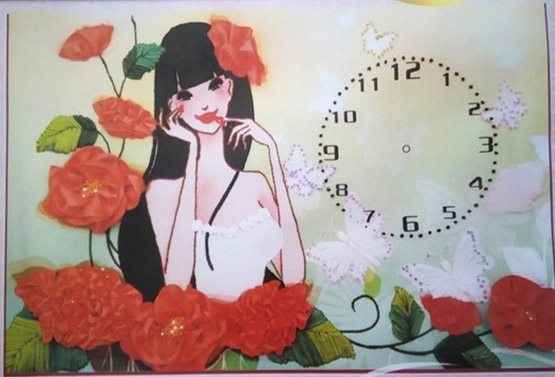 clock-1065 *พร้อมส่ง* ชุดภาพปักริบบิ้น ลายนาฬิกาสาวสวย ขนาด 55*40 ซม.ผ้าพิมพ์ลายมาแล้ว ริบบิ้น 12 สี ไหมคอตตอน 5 สี ลูกปัดหลากสี