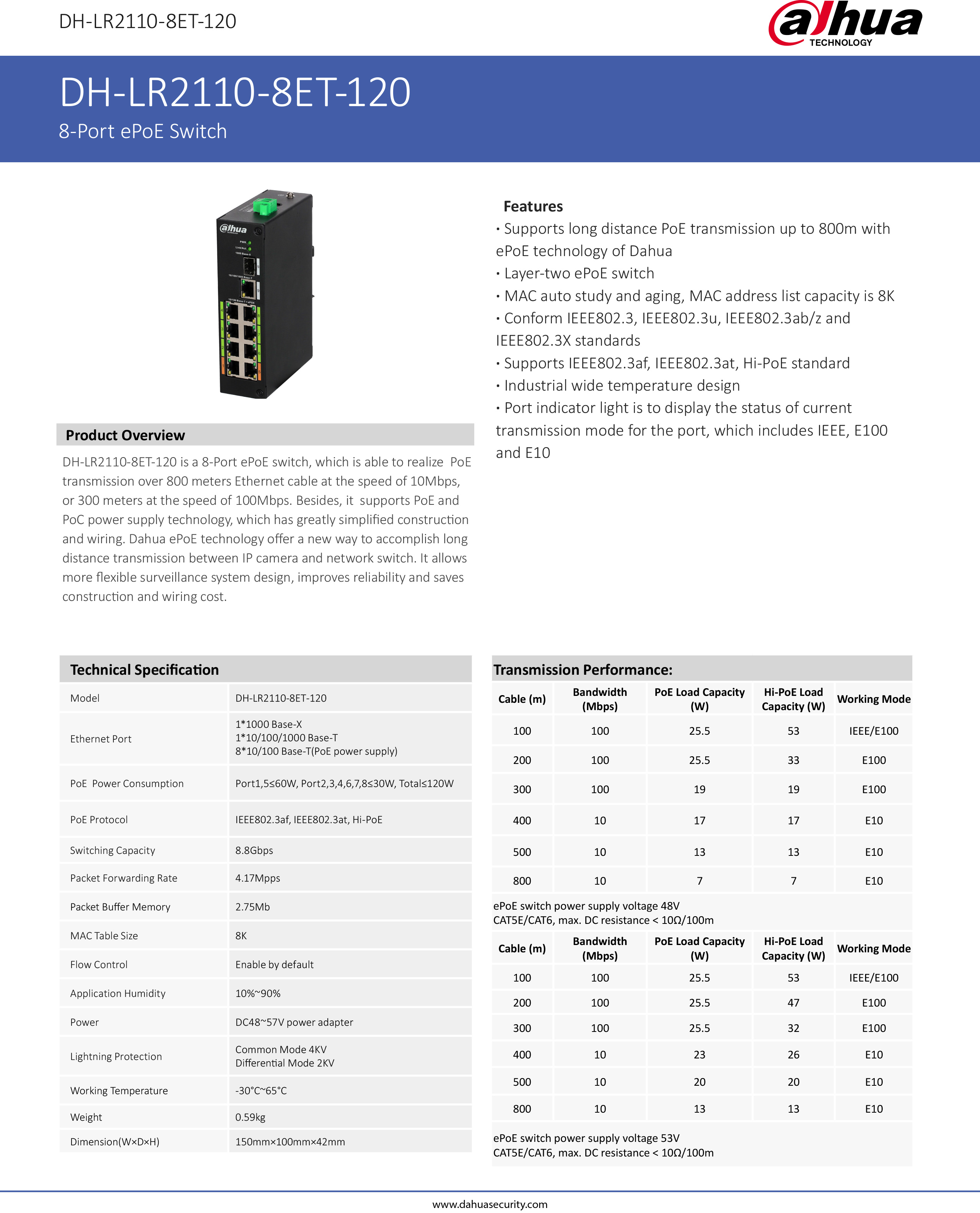 DAHUA DH-LR2110-8ET-120 : 8-Port ePoE Switch (Unmanaged) 8+1 BY BILLIONAIRE SECURETECH DH-LR2110-8ET-120