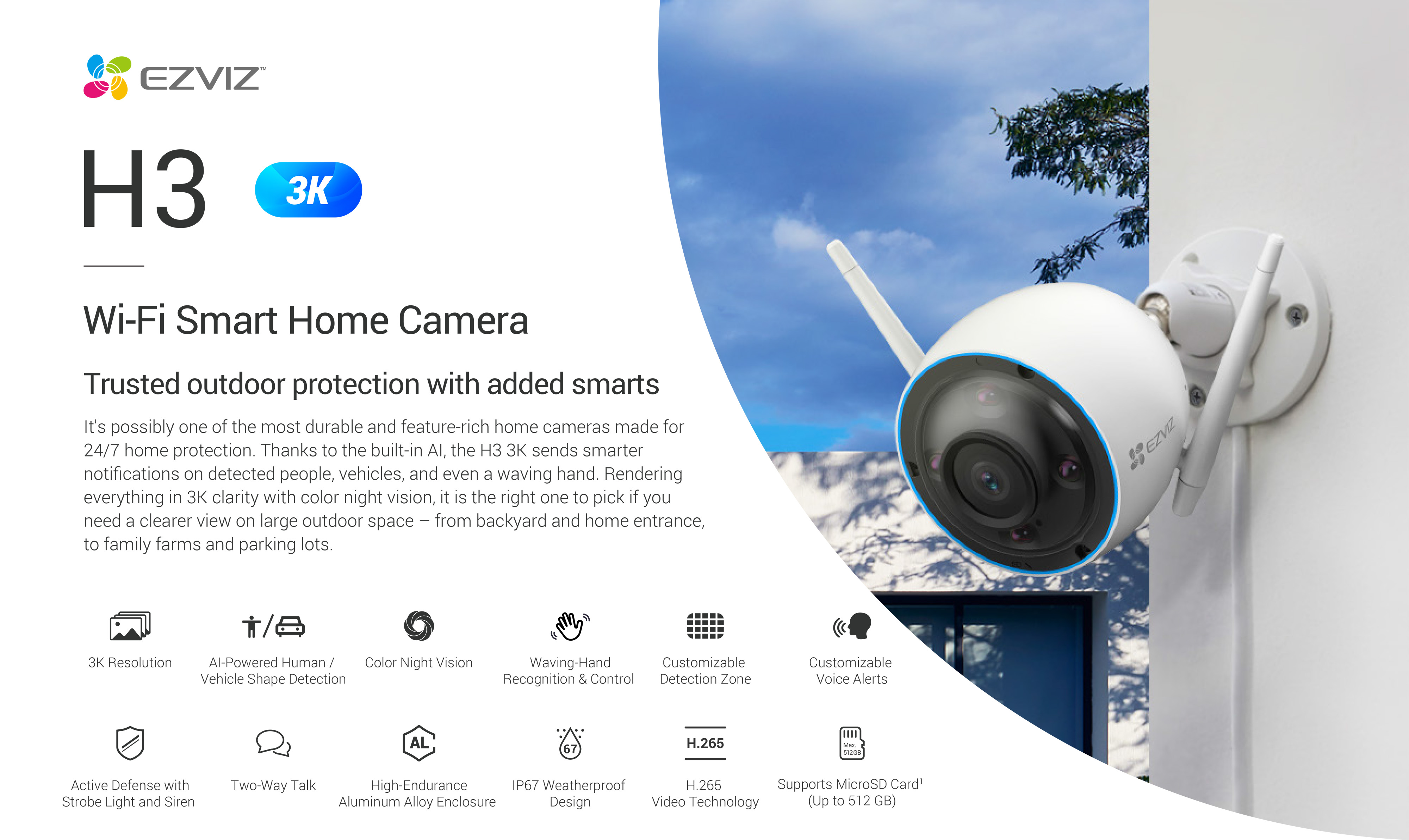 EZVIZ H3 3K กล้องวงจรปิดระบบ IP WIFI ความละเอียด 3K ภาพสี 24 ชม. มีไมค์และลำโพงในตัว ติดตั้งภายนอกได้ BY BILLIONAIRE SECURETECH EZVIZ H3 3K