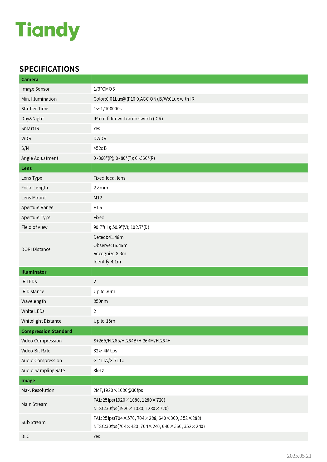 TIANDY TC-C321N 1ANB-28 (2.8MM.) กล้องวงจรปิด IP Camera 2MP IR range up to 30M., มีไมค์ในตัว BY BILLIONDAIRE SECURETECH TC-C321N 1ANB-28 (2.8MM.)