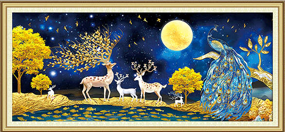 deer-1102 *สินค้าหมด* ชุดปักครอสติช ลายกวางทองใต้เงาจันทร์ (ปักเต็มผืน ไม่มีเดินเส้น ปักครั้งละ 3 เส้นเล็ก) ขนาด 100*55 ซม.ผ้าครอสติช 11CTพิมพ์ลายปักบนผ้า ไหมคอตตอน 40 สี ผังลาย เข็ม