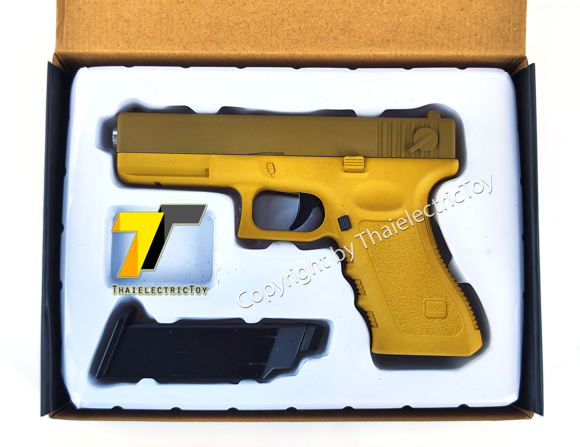 ปืนอัดลมเหล็ก Glock 17 สีทูโทน ชักยิงทีล่ะนัด ลำกล้องยาว 7 นิ้ว หนัก 668 กรัม ใช้ลูกกระสุนพลาสติก 6 มิล