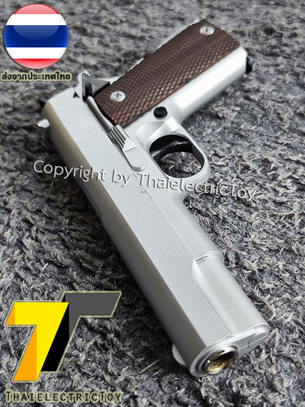ปืนอัดลมเหล็ก Colt 1911 ขนาดเล็ก ชักยิงทีล่ะนัด สีบอร์นเงิน ลำกล้องยาว 6.5 นิ้ว นกสับได้ เซพตี้สไลน์ หนัก 371 กรัม ใช้ลูกกระสุนพลาสติก 6 มิล