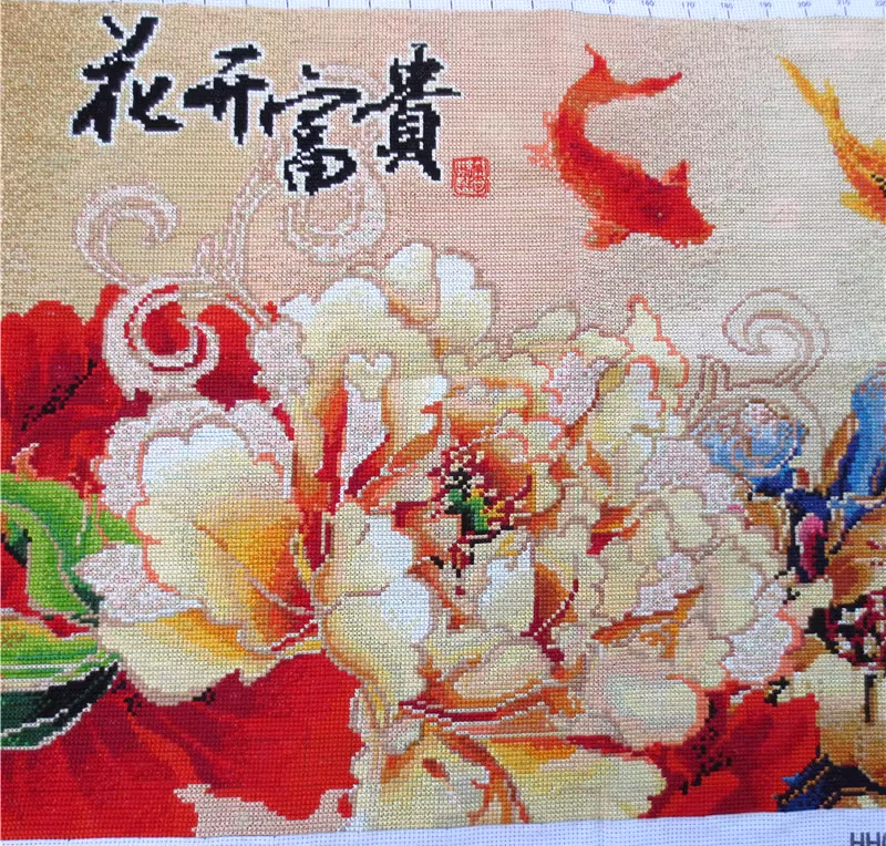 pla-1047 *พร้อมส่ง* ชุดปักครอสติช ลายปลาคาร์ปกับโบตั๋น (ปักเต็มผืนผ้า ผ้า11CTพิมพ์ลาย ปัก 3 เส้นเล็ก) ขนาดใหญ่ 151*59 ซม.ผ้าครอสติช 11CTพิมพ์ลายปักบนผ้า+ไหมคอตตอน 50 สี+ผังลาย+เข็ม