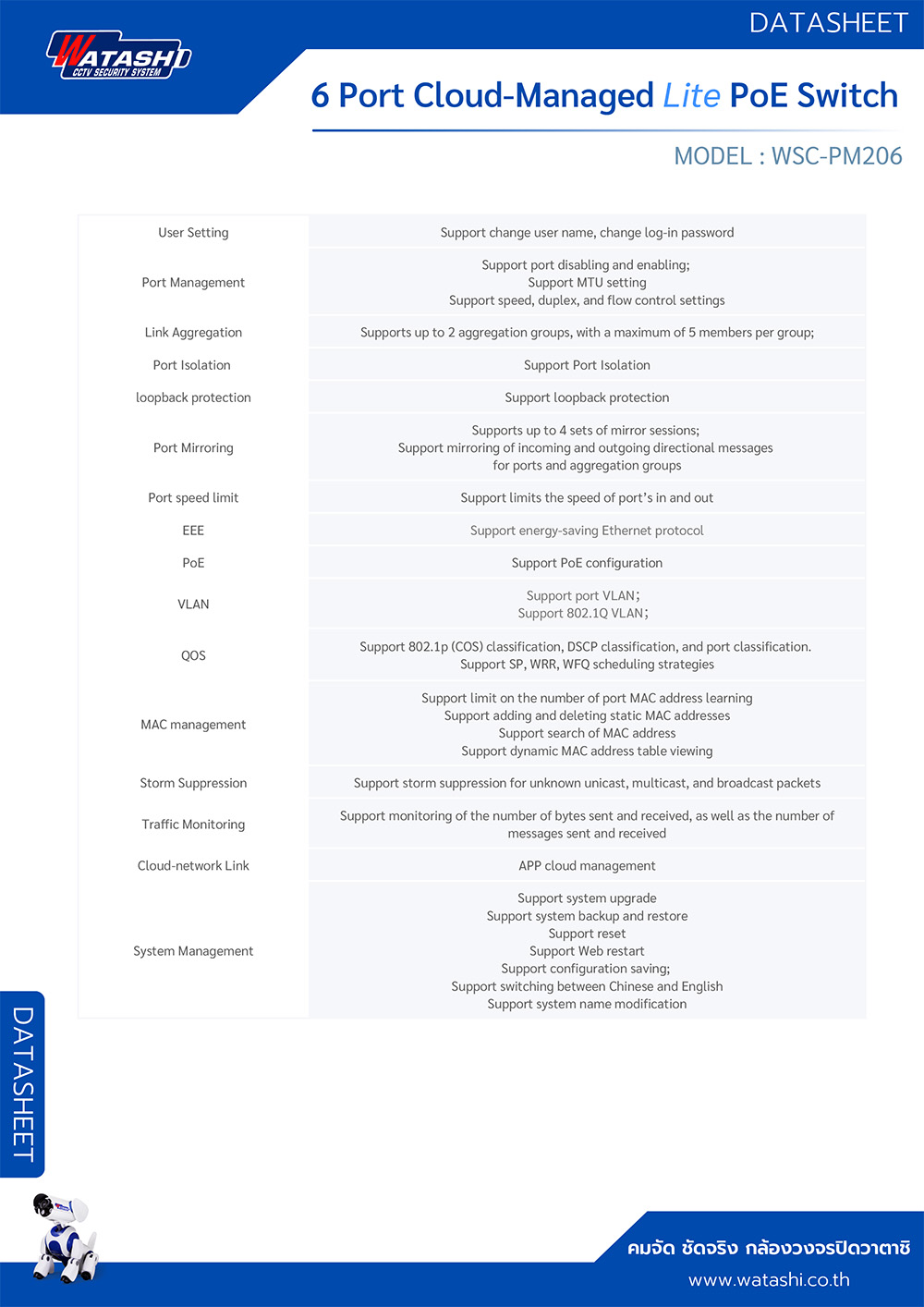 WATASHI WSC-PM206 4-Port PoE + 2 Uplink Cloud Managed Gigabit PoE Switch 250M. 10/100/1000Mbps 75W BY BILLIONAIRE SECURETECH WSC-PM206