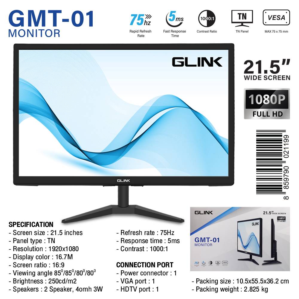 GLINK GMT-01 MONITOR 21.5" WIDE SCREEN 1080P FULL HD มี port VGA, HDMI BY BILLIONAIRE SECURETECH GMT-01