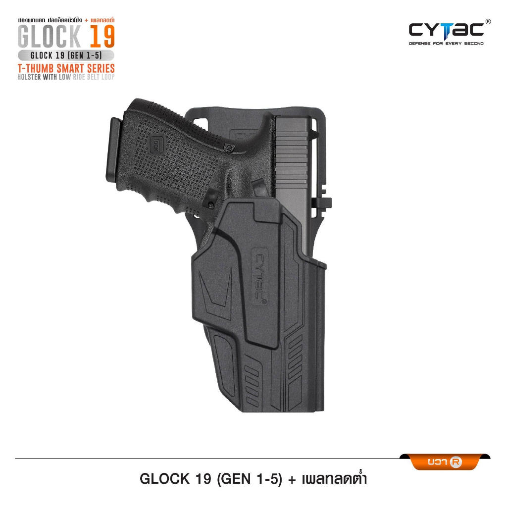 ซองปลดนิ้วโป้ง Glock19 + เพลทลดต่ำ Cytac