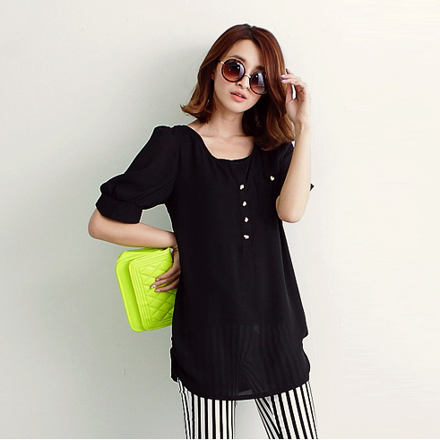 (พร้อมส่ง)เสื้อผ้าชีฟอง คอกลม ติดกระดุม มีกระเป๋าที่อก มีซับใน สีดำ (3XL-4XL)