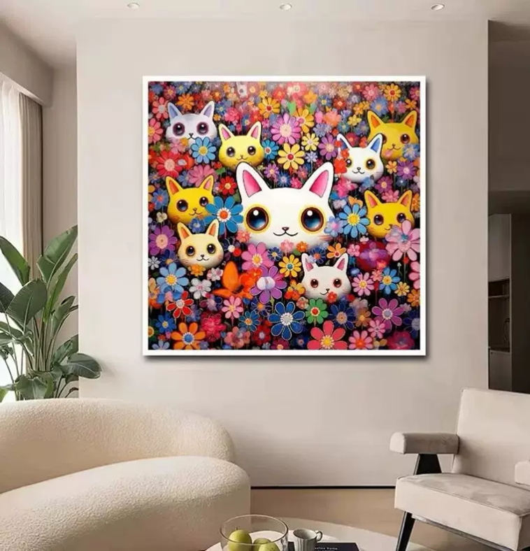 cat-1107 *สินค้าหมด* ชุดปักครอสติช ลายแมวน้อยดอกเดซี่ (ปักเต็มผืนผ้า ไม่มีเดินเส้น ผ้า11CTพิมพ์ลาย ปัก 3 เส้นเล็ก) ขนาด 61*61 ซม. ผ้าครอสติช 11CTพิมพ์ลายปักเต็มลายผ้า ไหมคอตตอน 39 สี ผังลาย เข็ม