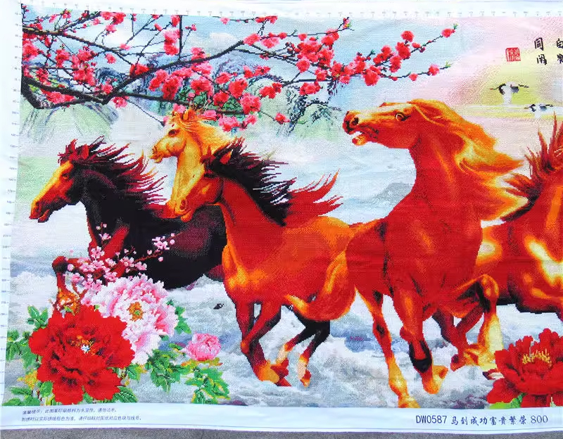 maa-1009 *สินค้าหมด* ชุดปักครอสติช ลาย 8 อาชา (ปักเต็มผืนผ้า ผ้า11CTพิมพ์ลาย ปัก 3 เส้นเล็ก) ขนาด 150*74 ซม. ผ้าครอสติช 11CTพิมพ์ลายปักบนผ้า ไหมคอตตอน 62 สี ผังลาย เข็ม