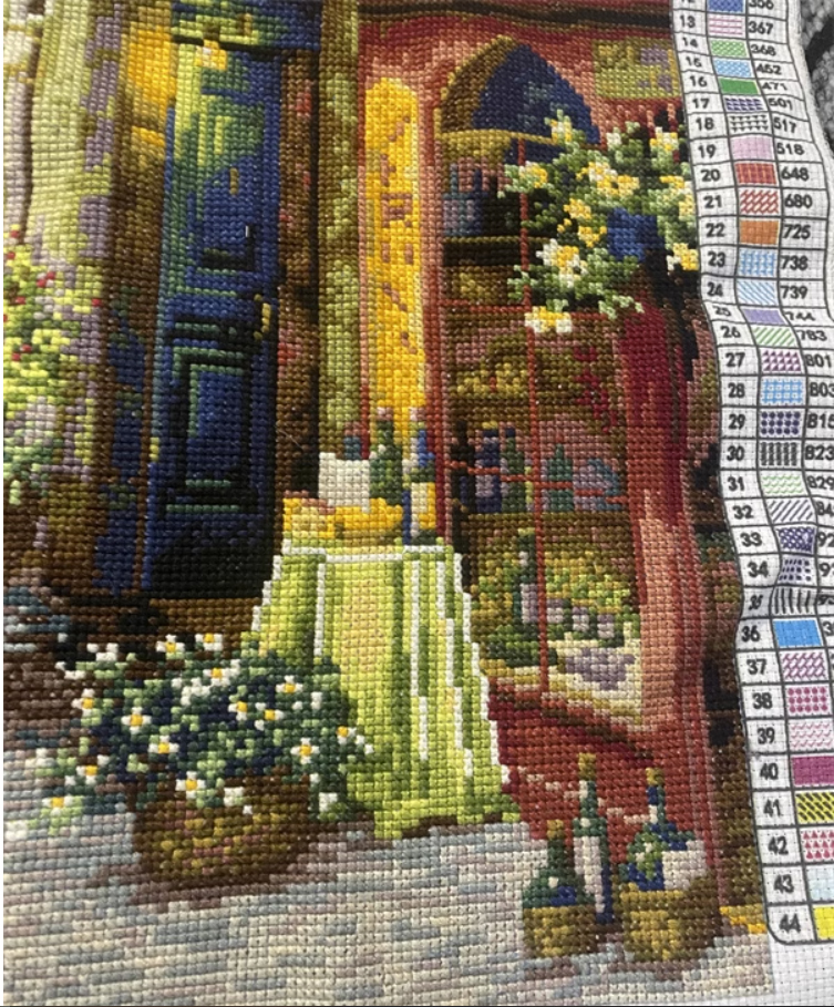 view-1143 *สินค้าหมด* ชุดปักครอสติช ลายร้านกาแฟริมทาง (ปักเต็มผืนผ้า ผ้า11CTพิมพ์ลาย ปัก 3 เส้นเล็ก) ขนาด 70*55 ซม.ผ้าครอสติช 11CTพิมพ์ลายปักบนผ้า ไหมคอตตอน 44 สี ผังลาย เข็ม