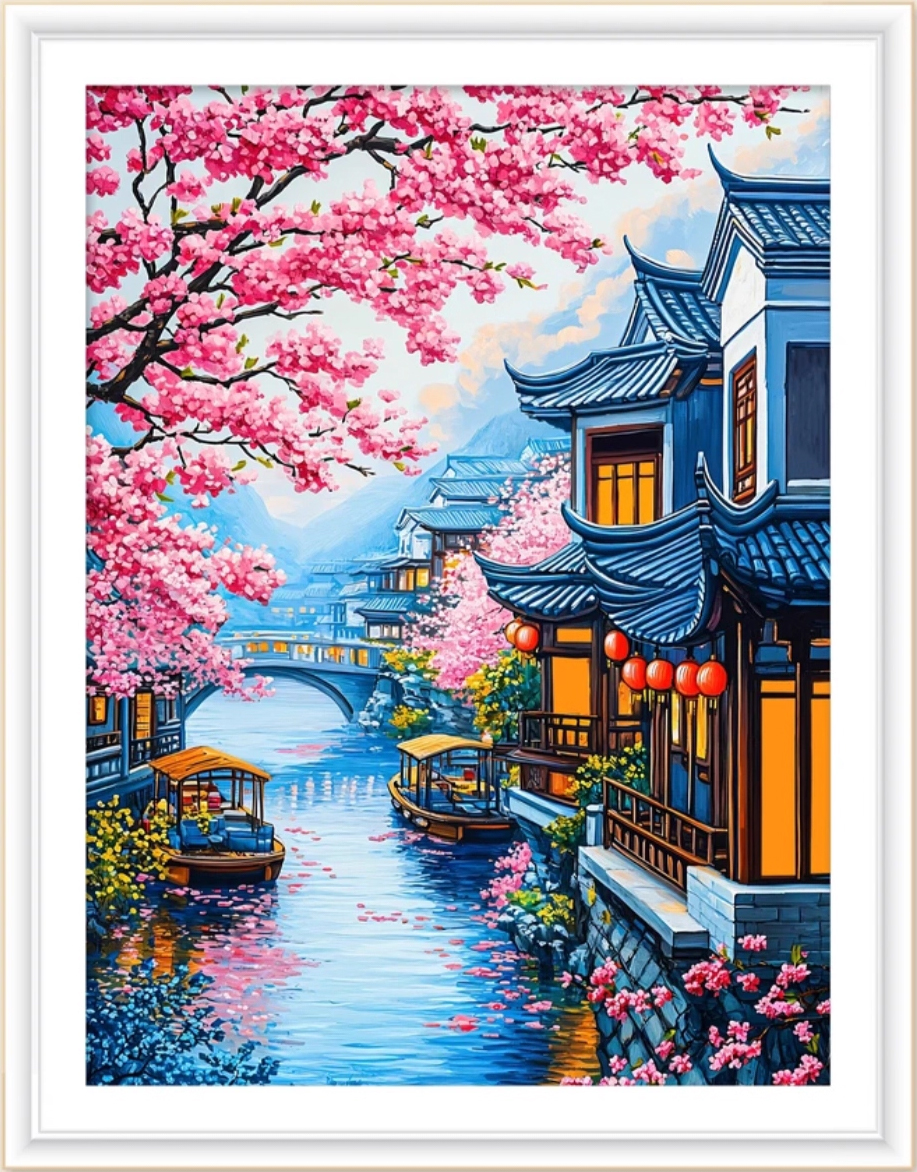 home-1003 *พร้อมส่ง* ชุดปักครอสติช ลายบ้านริมคลอง (ปักเต็มผืนผ้า ไม่มีเดินเส้น ผ้า9CTพิมพ์ลาย ปัก 4 เส้นเล็ก) ขนาด 60*80 ซม.ผ้าครอสติช 9CT พิมพ์ลายปักบนผืนผ้า+ไหมคอตตอน 42 สี+ผังลาย+เข็ม