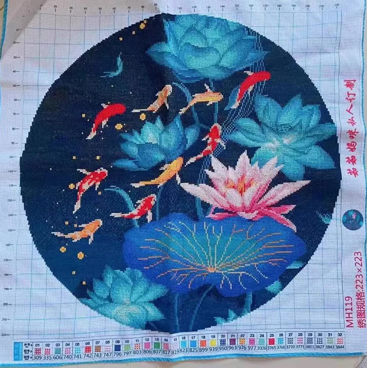 pla-1021 *สินค้าหมด* ชุดปักครอสติช ลาย 9 ปลาคาร์ปในบึงบัวฟ้า (ปักเต็มผืนผ้า ไม่มีเดินเส้น ผ้า11CTพิมพ์ลาย ปัก 3 เส้นเล็ก) ขนาด 50*50 ซม.ผ้าครอสติช 11CTพิมพ์ลายปักบนผ้า ไหมคอตตอน 27 สี ผังลาย เข็ม