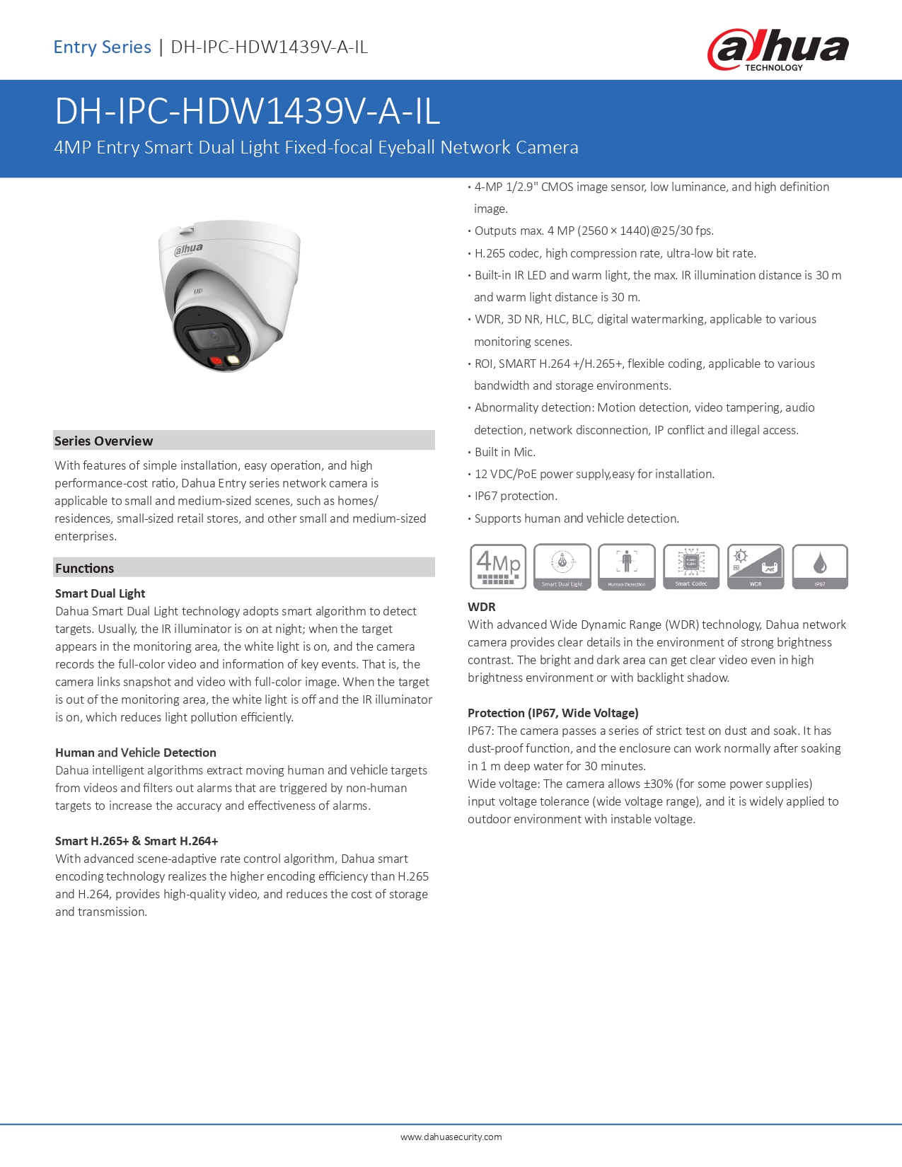 DAHUA IPC-HDW1439V-A-IL (2.8/3.6MM.) กล้องวงจรปิดระบบ IP 4MP Smart Dual Light,มีไมค์ในตัว BY BILLIONAIRE SECURETECH IPC-HDW1439V-A-IL