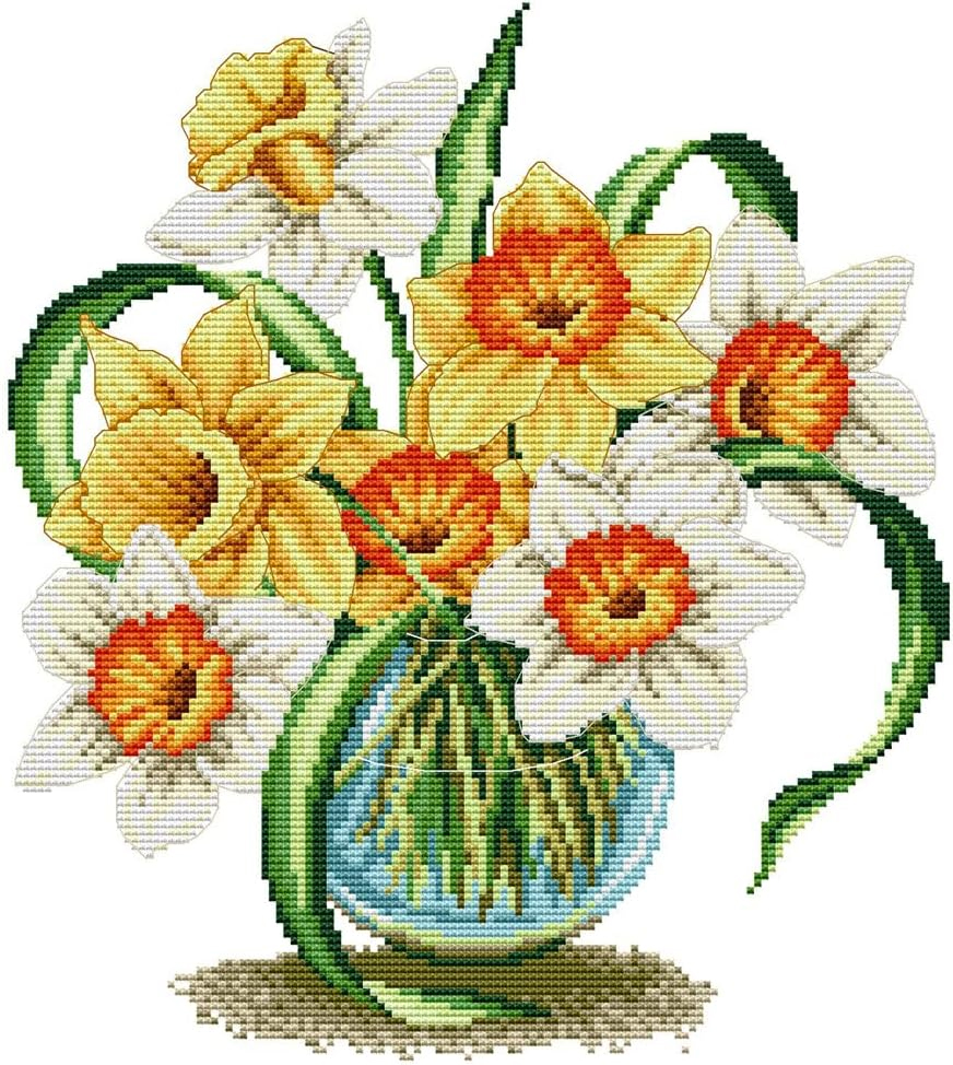 vase-1116 *สินค้าหมด* ชุดปักครอสติช ลายแจกันดอกเดฟโฟดิล (ผ้า14CTพิมพ์ลาย ปัก 2 เส้นเล็ก) ขนาด 32*35 ซม ผ้าครอสติช 14CTพิมพ์ลายปักบนผ้า ไหมคอตตอน 22 สี ผังลาย เข็ม