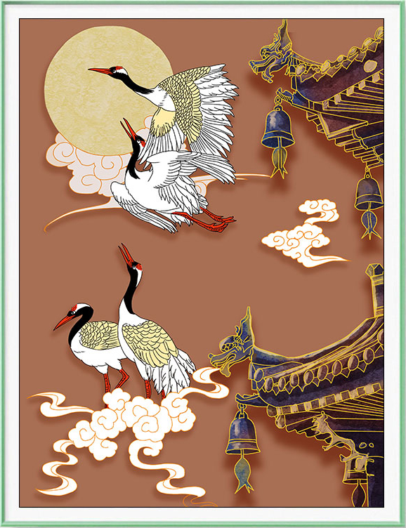 crane-1028 *สินค้าหมด* ชุดปักครอสติช ลายฝูงนกกระเรียน (งานปักเต็มลาย ไม่มีเดินเส้น) ขนาด 50*70 ซม.ผ้าครอสติช 11CTพิมพ์ลายปักบนผ้า ไหมคอตตอน 23 สี ผังลาย เข็ม